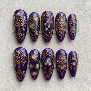Handmade Mystic Celestial Press On Nails | with Sun Moon Tree Astrology Gold Lines | Long Almond Nails in Purple for Witchy Look