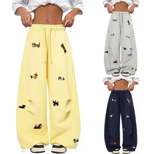 Women's Cute Light Embroidered Dog High-Waist Adjustable Drawstring Wide-Leg Sweatpants, Soft Style Fabric Baggy Barrel Trousers, Vintage Athletic Casual Neutral Lounge Wear, 2026 Y2K Streetwear | Holiday Gift for Her