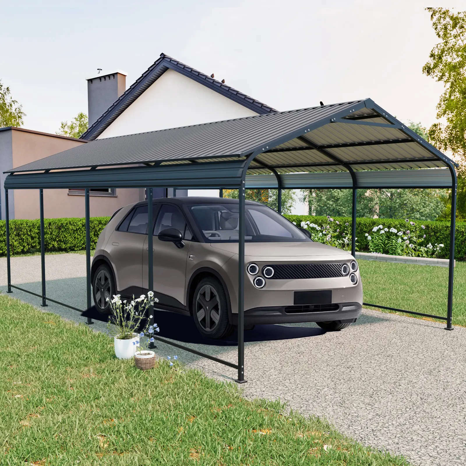 12 × 21 FT thick galvanized steel parking shed with vertical striped ceiling for quick rain and snow removal, anti snow collapse reinforcement base, anti blizzard exposure, waterproof, UV resistant, sedan, truck, RV, universal outdoor metal parking garage