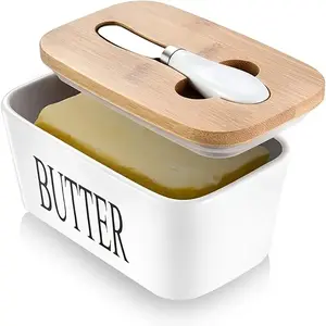 Ceramic Butter Dish with Bamboo Lid and Knife- Airtight Silicone Sealing, Kitchen Baking & Gifting Container (1 set)