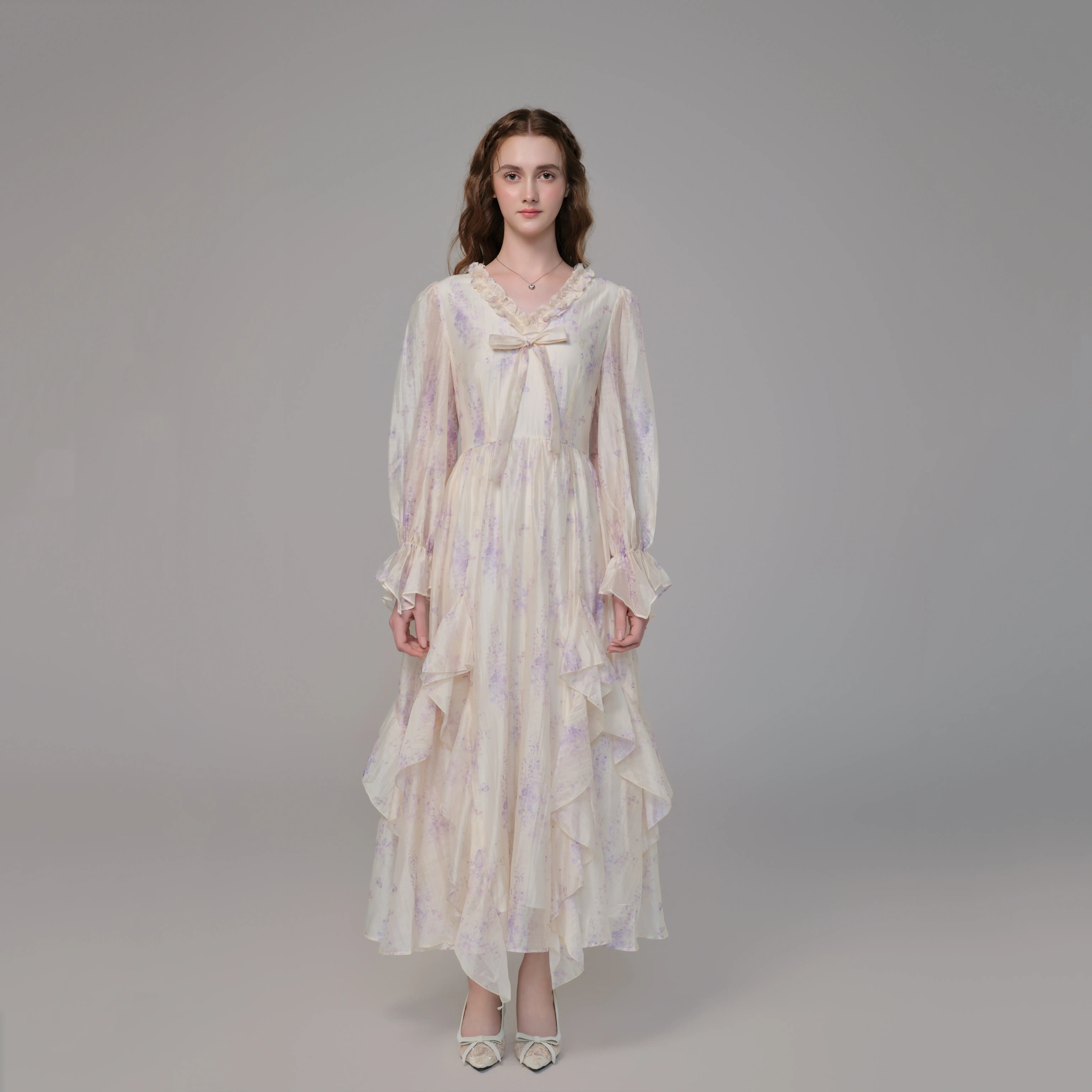 Emruvio Sefir Breeze Floral Square Neck Tiered Ruffle Maxi Dress with Flutter Sleeves