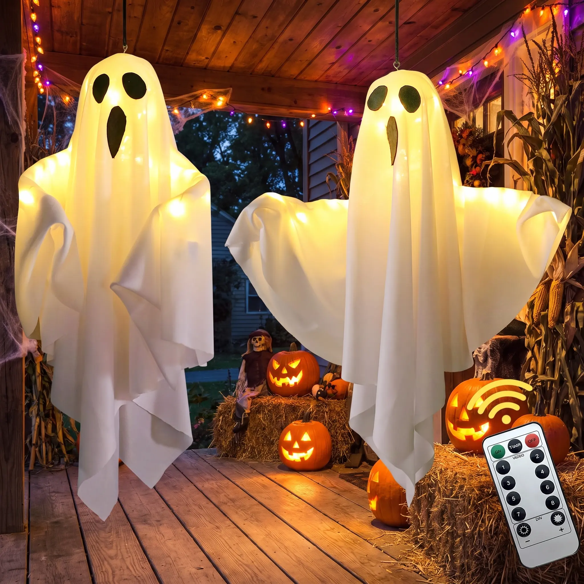 2 Pack Halloween Light Up Hanging Ghost Outdoor Decorations, Swinging Ghost, Battery Operated Flying Hanging Ghosts Glowing Led Lights On Cable, Dancing Ghosts, Remote Control 8 Lighting Modes Floating Swinging Porch Indoor Decor