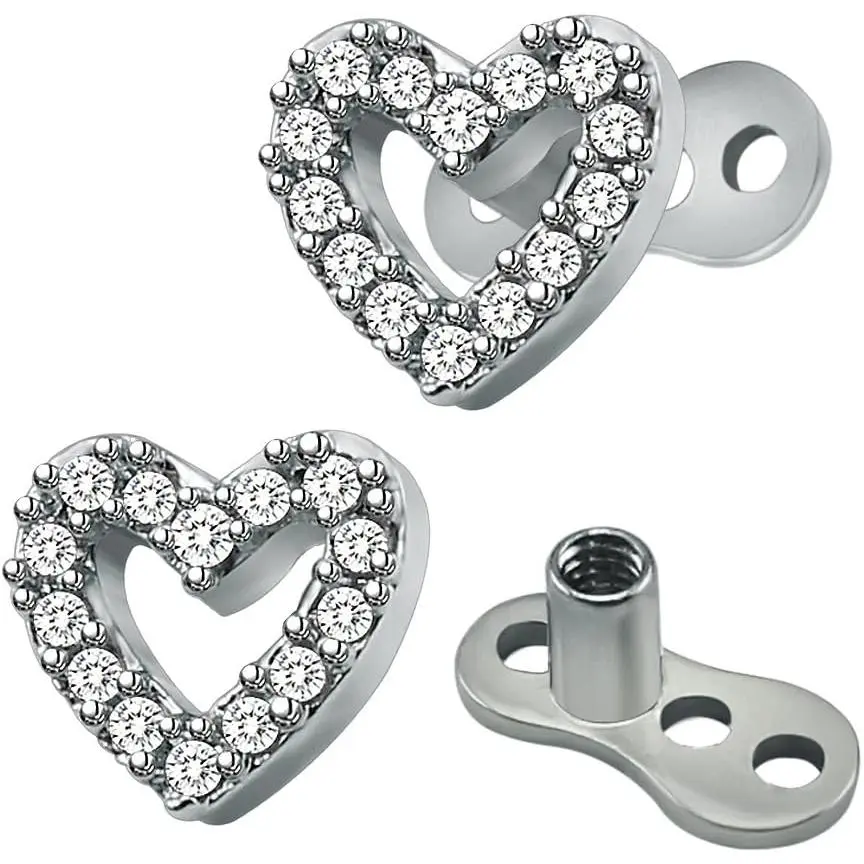 Cubic Zirconia Dermal Anchor Top and Base, 14G Surgical Steel Body Piercing Jewelry, 16G Internally Threaded Screw for Women and Men, Decorative Body Stones Piercing Jewelry, Body Jewellery, Hollow Heart