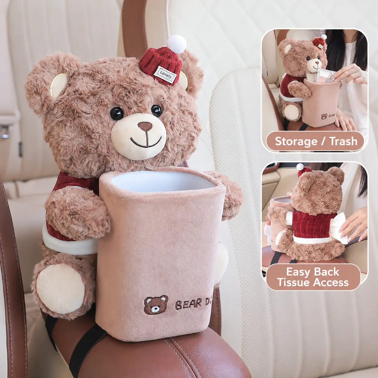 Multifunctional Deluxe Trash Can And Storage Box, Cute Tissue Box, Creative Animal Cartoon Decorative Organizer for Car And Home, Glass Bear, Beige