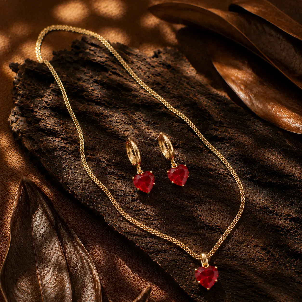Women's 2-Pcs Gold Plated Red Heart Jewelry Set - CZ Pendant Necklace, Huggie Hoop Earrings for Women, Funky Love Costume Accessories for Daily, Party