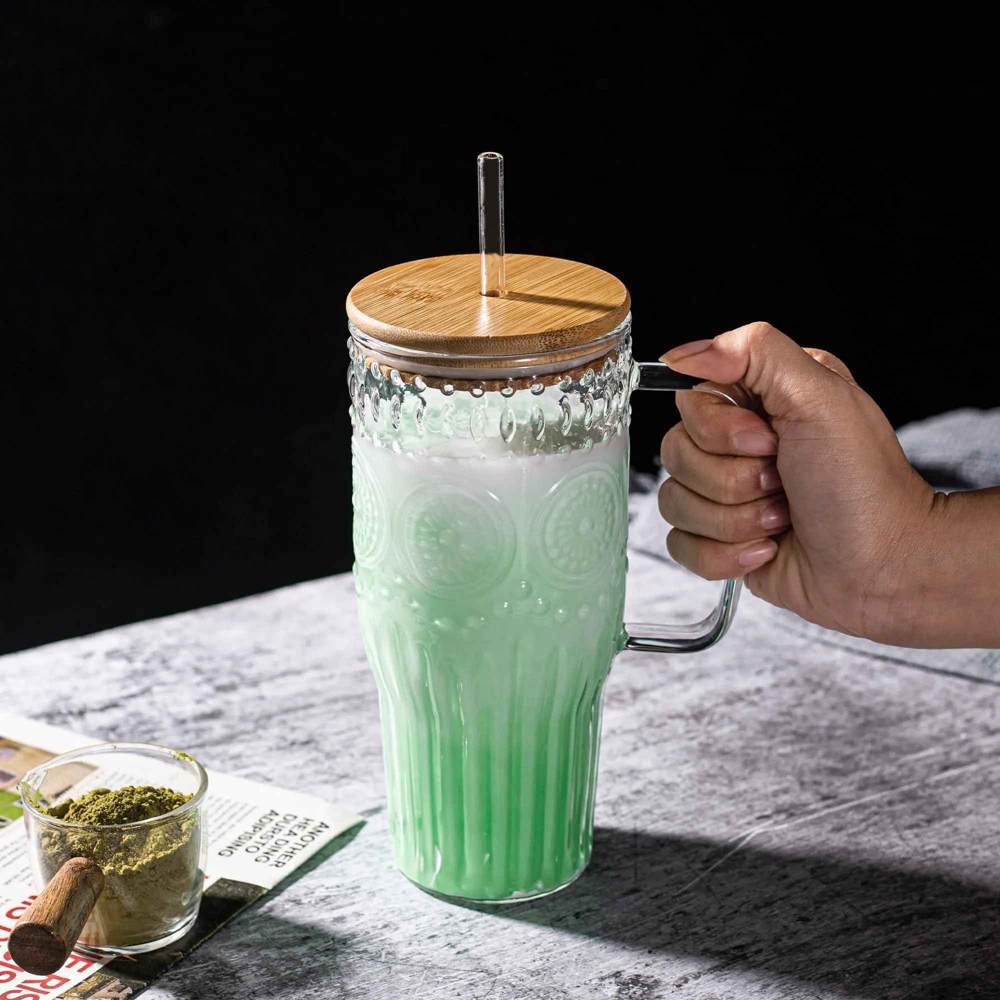 32oz Durable Reusable Glass Tumbler with Handle & Lid - Bamboo Lid, Straw, 1000ml Heat Resistant Kitchen Drinkware for Cold & Hot Beverages, Travel Container for Iced Coffee, 32Oz Glass With Bamboo Lid, 500-1,000 Ml