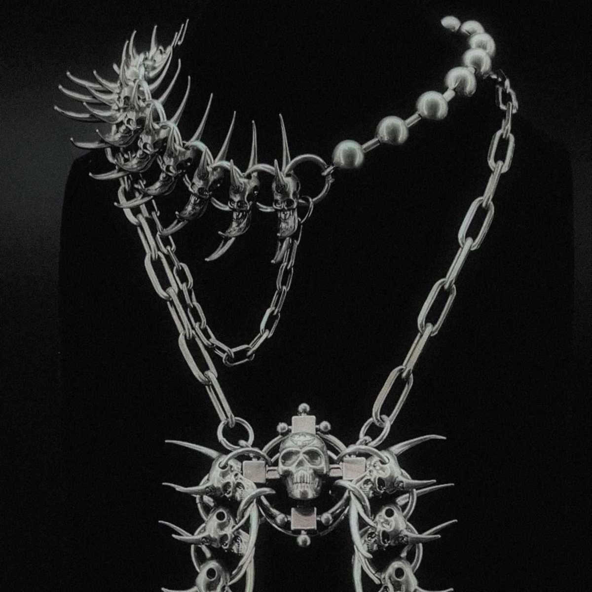 Dark Aesthetic Gothic Spiked Skull Choker Irregular Beaded Chain Necklace