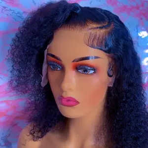 Kinky curly Glueless Wigs Human Hair Pre Plucked Pre Cut 13*4 Transparent Lace C-side Front Wigs Human Hair 250 Density Wear and Go curly Wigs for Black Women No Glue needed 16 Inch .