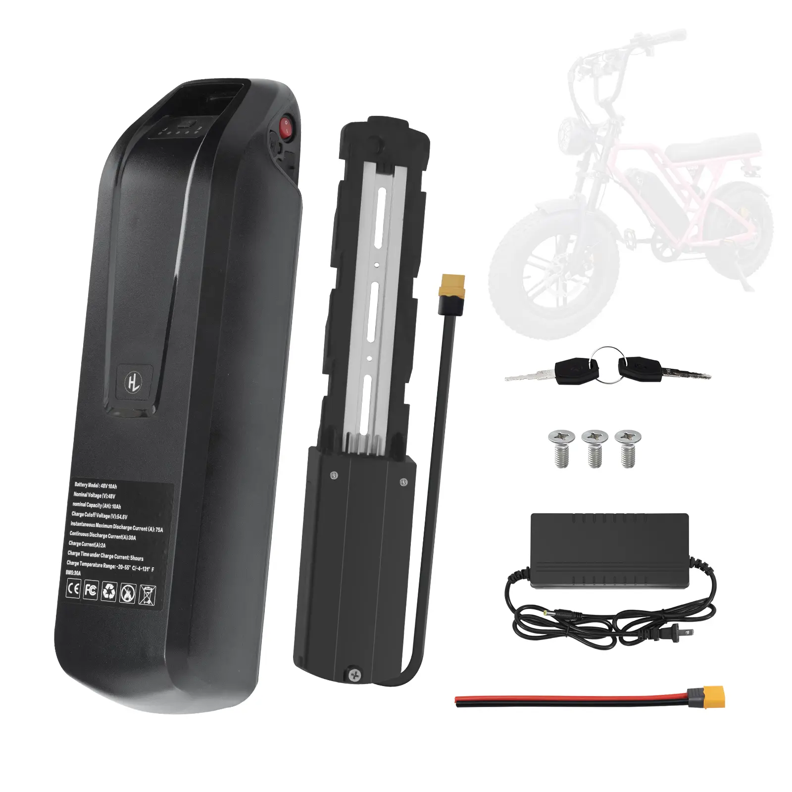 48V 10.4Ah Ebike Battery Pack with 30A BMS, 4 Pin Baseplate, Power Switch and Safety Lock for 0-1000w Ebike Motor