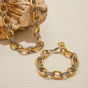 Gold Silver Necklace and Bracelet Set, Stainless Steel Hypoallergenic Nickel Free, Adjustable Length 2 Piece Jewelry Set for Women