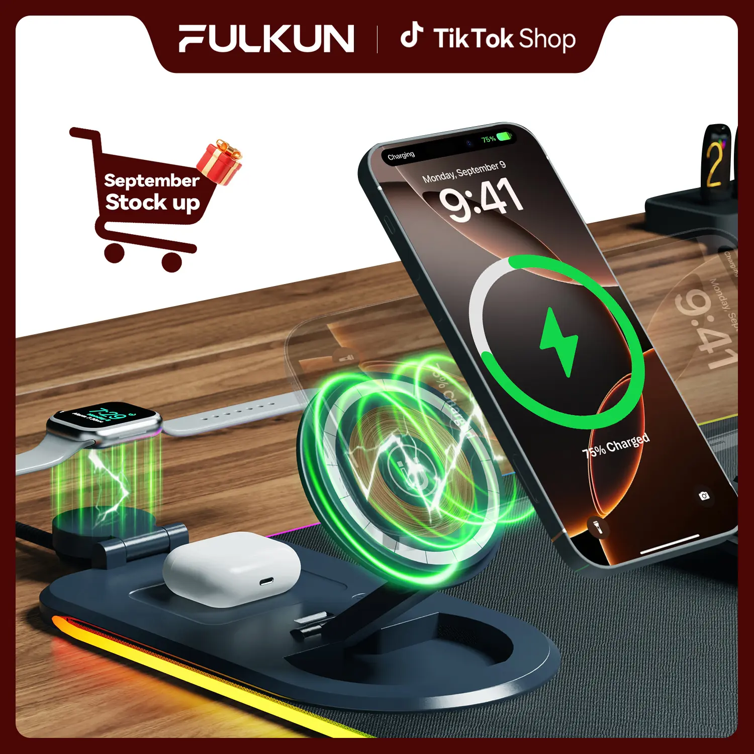 Fulkun Modern RGB Gaming Mousepad - 3-in-1 Wireless Charging LED Desk Mat, 31.5x11.8 inch XXL Extended Charging Pad, PC Accessories for Phones, Watches & Earbuds