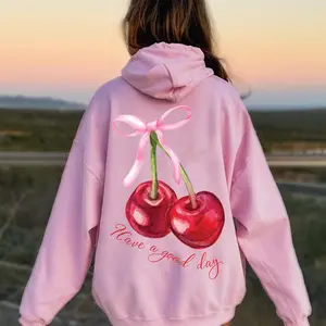 Coquette Cherry Hoodie – Have A Good Day Hoodie Words On Back, Aesthetic Pink Bow Hoodie, Trendy Y2K Ribbon Pullover for Girls