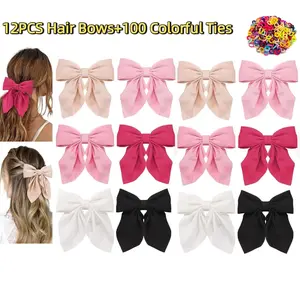 12pcs Silky Satin Hair Bows Accesories for Girls, Hair Bows for Women, Bow Hair Clips, Neutral Colors Hair Ribbon, Cute Bow Clips for Women, Hair Accessories
