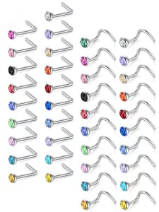 20pcs Lot Colorful Cz Crystal Nose Ring Set, 20g Stainless Steel Nose Piercings, Septum Piercing, 3mm Round Gem Bone Retainer, Nose Piercing Kit, Piercing Jewelry, Nose Rings Set