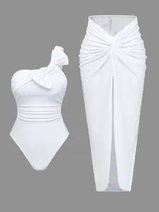 Women's Tie Back One-Piece Swimsuit + High Slit Skirt, Ruched Swimsuit, Sexy Slimming Beach Vacation Essential, Summer Swimwear Set, Skirted Bathing Suit, Skirt Style Swimsuit