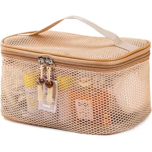 Boho Makeup Bag, Mesh Travel Make up Bag, Lightweight Breathable Makeup Organizer for Toiletries & Cosmetics, Toiletry Bag with Handle & Zipper Closure