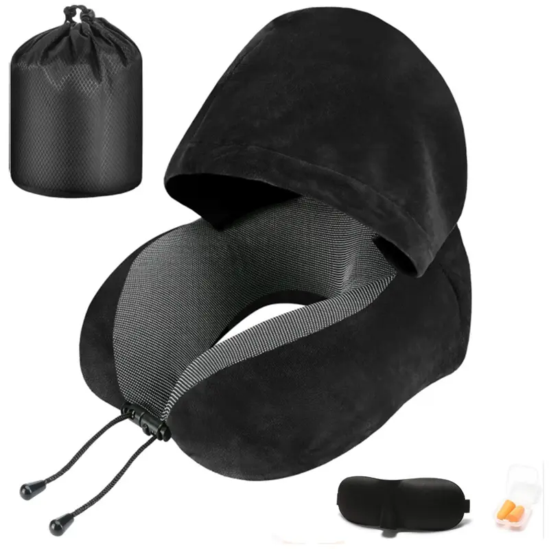 U-shaped memory foam hooded travel pillow, U-shaped pillow with hood, U-shaped pillow for napping, U-shaped pillow for travel, U-shaped pillow for home use, adult neck support, U-shaped headrest, removable and washable.