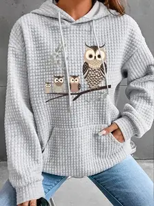Women's Casual Hooded Sweatshirt, Colorful Owl Design, Comfortable Pullover, Graphic Hoodie, Front Pocket, Fall & Winter Long Sleeve