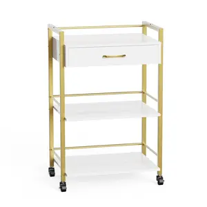 Salon Trolley Cart with Wheels, Wooden Rolling Storage Station, Mobile Utility Cabinet with 1 Drawer 2 Trays, Medical Esthetic Supply for Beauty SPA Massage Tattoo Facials