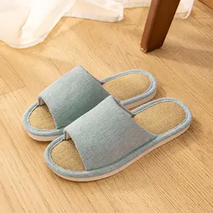 Home Women Linen Slippers Beach Flat Soft Sandals Breathable Comfortable Non-Slip Slides Indoor Outdoor Men Slippers