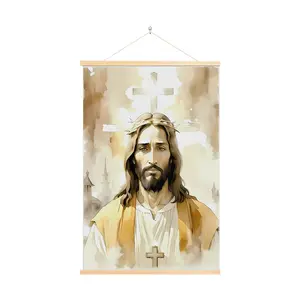 Christianity Scroll Wall Art - 16x24in Antimicrobial Geometric Jesus Picture with Religious Cross Print, Verse Cross, Floral Bible Verse Decor, Handcrafted Solid Wooden Scroll, Religious Home Decor, Boxed Decoration