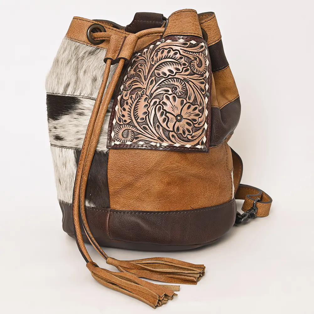 American Darling Western Leather Bucket Bag with Hair-On Cowhide Patchwork, Genuine Leather Build & Hand-Tooled Floral Accent for Everyday Western Style