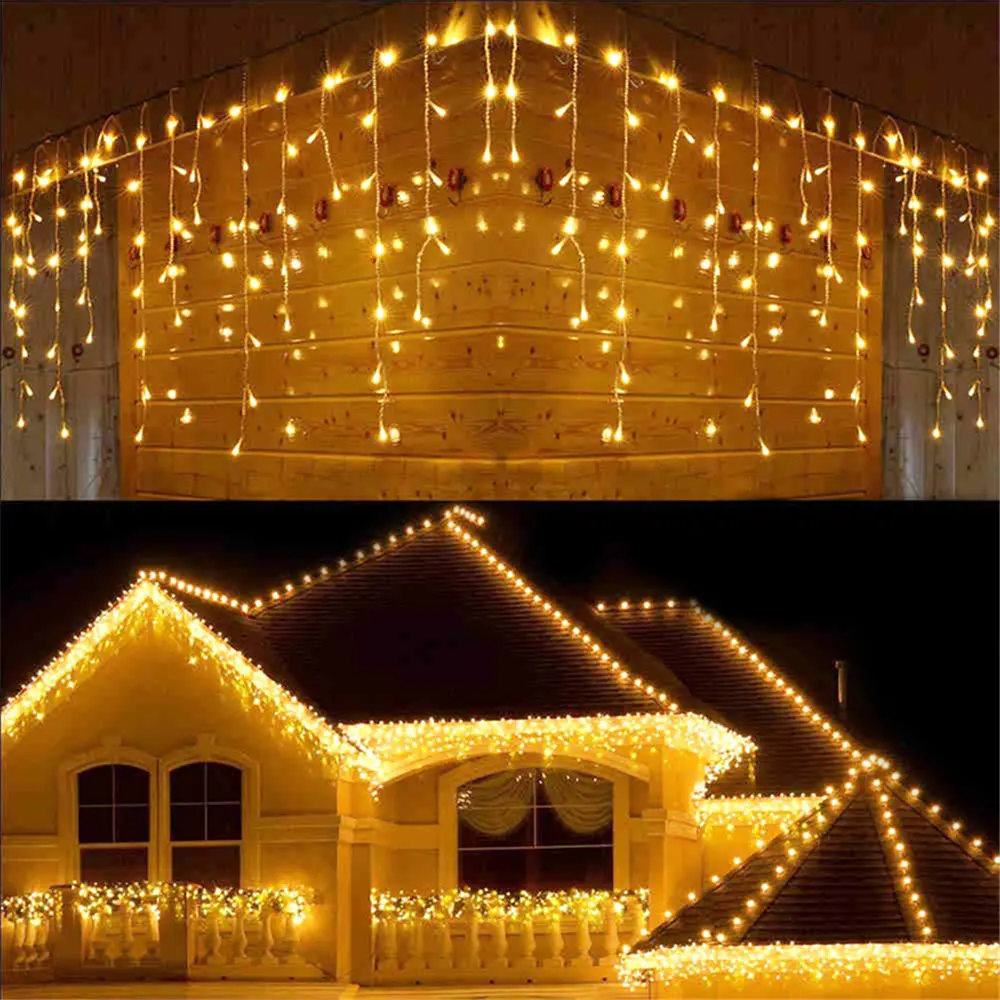 Solar Outdoor LED Lights - 96/162 LED Solar-Powered Drop Curtain Icicle Garland String Ornaments, Outdoor Mood Lighting for Garden, Christmas Decor Set