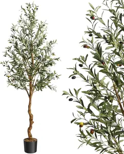 6ft Tall Waterproof Rubber Artificial Olive Tree with Natural Wood Trunk, Silk Leaves, Lifelike Fruits, Potted Faux Plant for Indoor Decor, Home Office Use