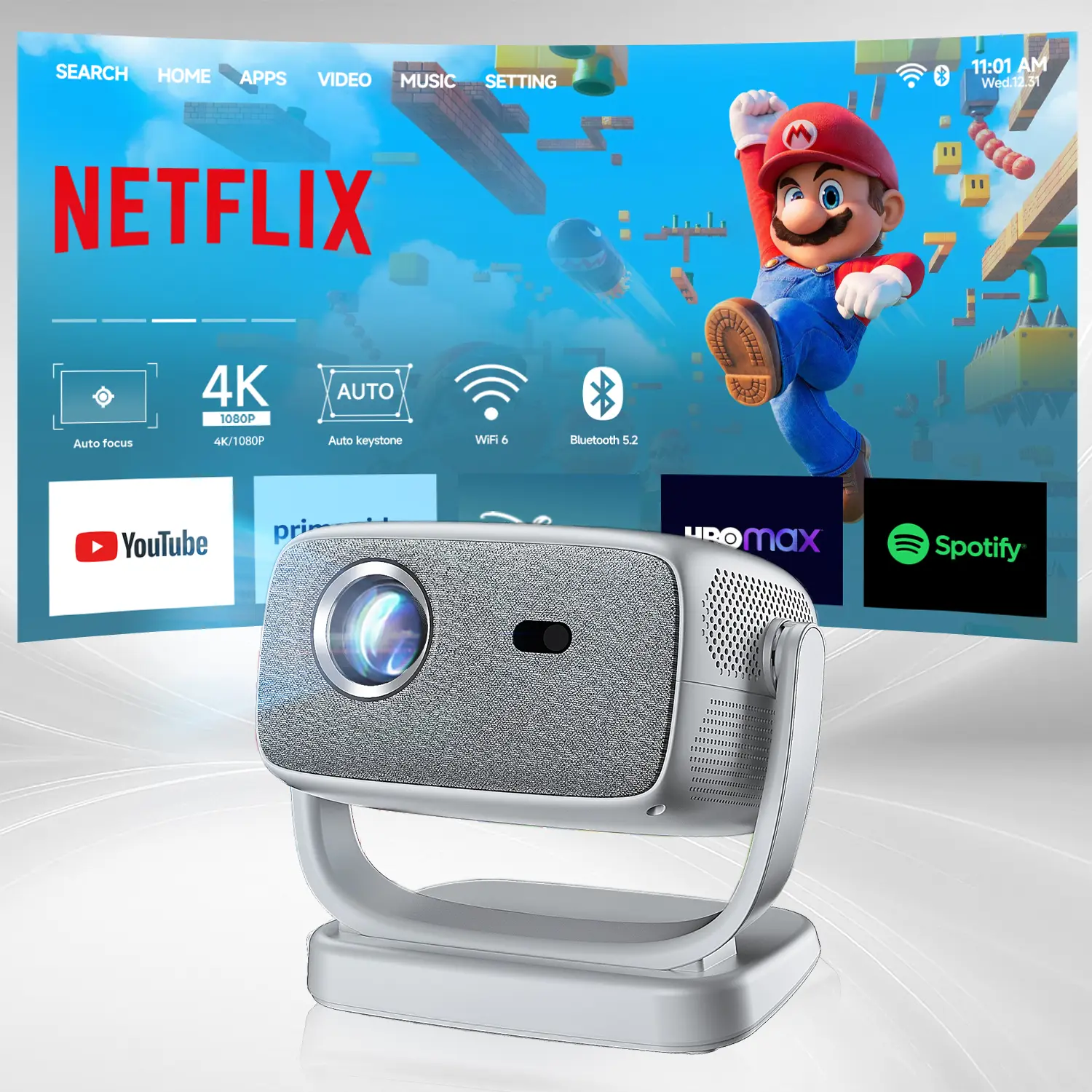 HUANLETOU Mini Android Projector 800ANSI 1080P Resolution Auto Focus Home theater WiFi6 Bluetooth 5.2 200-Inch Screen UHD Outdoor Entertainment with Audio Gaming holiday haul tiktokshopspringglowup SummerVibes、Father's Day, Projector Stand, Home Projector