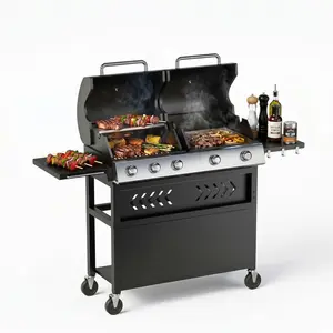 5 Burner Propane Gas Grill Griddle Combo with Porcelain Enamel Cast Iron Grate & Cast Iron Pan – Dual BBQ Grill with Flat Top Griddle, 40,000 BTU Large Outdoor Gas Grill for Backyard Kitchen