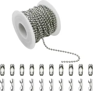 32.8 Feet Stainless Steel Ball Beaded Chain Necklace Chains for Making Jewelry with 20 Pieces Matching Connectors Silver Color Metal Pull Chain Roll Spool Ball for Dog Tag DIY (2.4mm in Diameter)