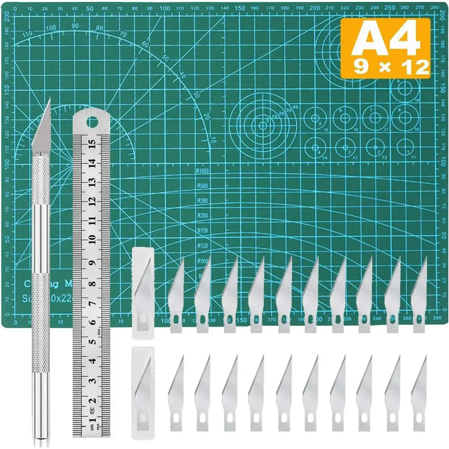Double Sided PVC Board Self Healing Cutting Mat Kit with Exacto Precision Carving Hobby Knife, Blades for DIY Art, Scrapbooking - A4 Size (9"x12") Office Cutting Supplies