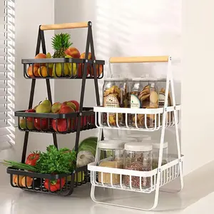 Fruit Basket with Wooden Handle, 2/3 Layer Detachable Fruit Bread Snack, Portable Fruit Bowl for Kitchen Home Dormitory Dining Room, Organiser, Cascading Fruit Baskets