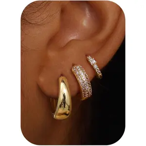 MILACOLATO Small 14K Plated Gold Chunky Hoop Earrings for Women Hypoallergenic Silver Earrings Set for Sensitive Ears Non Tarnish Huggie Hoops Earring Stacks for Multiple Piercing Jewelry Lightweight 3Pairs