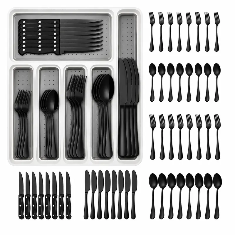48Pcs Stainless Steel Kitchen Dining Utensils Set for 8 (6–10 People Fit), Elegant Mirror-Polished Tableware Kit with Storage Tray, Dishwasher-Safe Modern Cutlery (Steak Knives, Forks, Spoons) for Everyday Restaurant Use