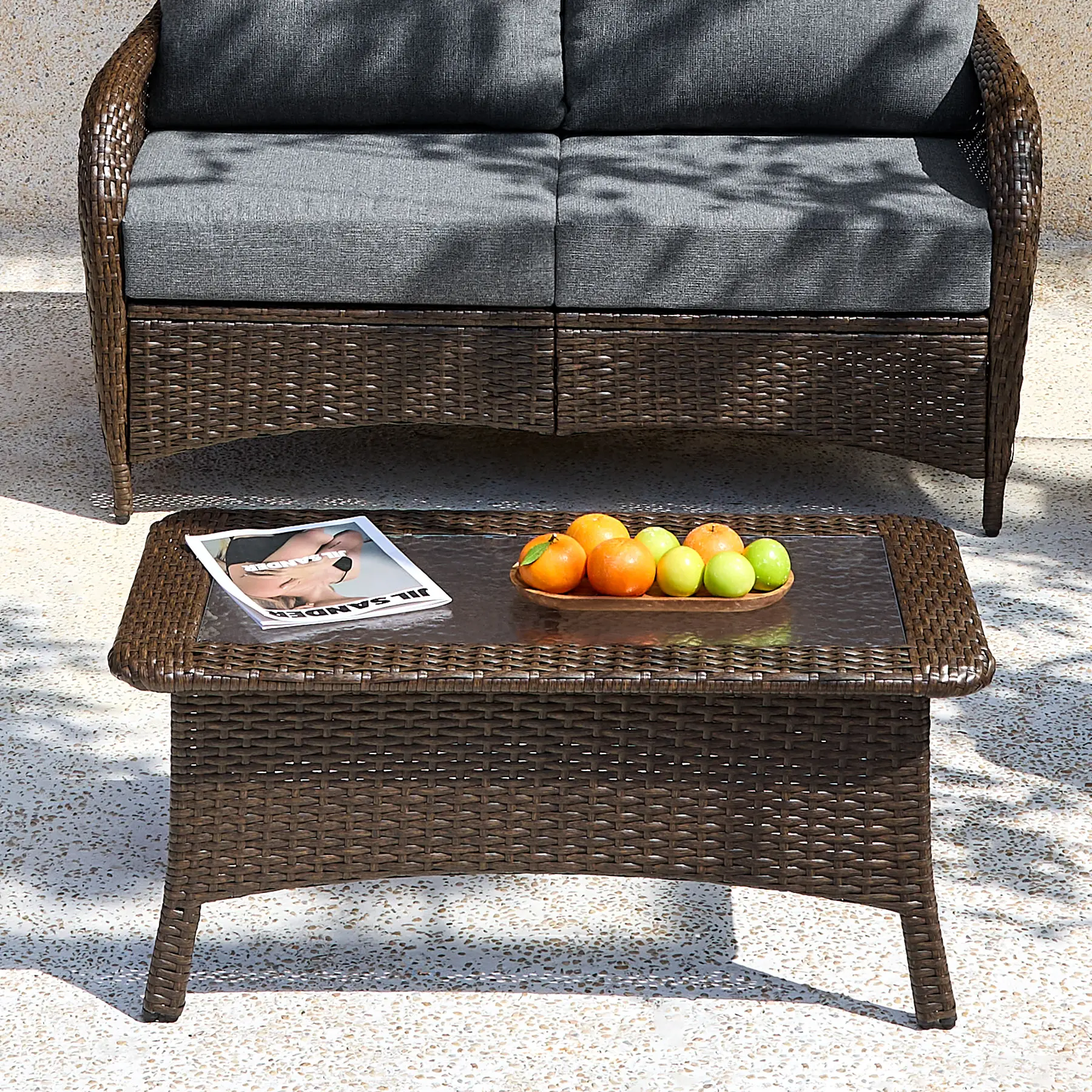 LITTLE TREE Outdoor Wicker Coffee Table with Hammered Glass Top, Hand PE Rattan Wicker Patio Furniture Set, All-Weather Rectangular Patio Table for Deck, Backyard, Porch, Poolside