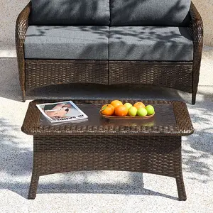 LITTLE TREE Outdoor Wicker Coffee Table with Hammered Glass Top, Hand PE Rattan Wicker Patio Furniture Set, All-Weather Rectangular Patio Table for Deck, Backyard, Porch, Poolside