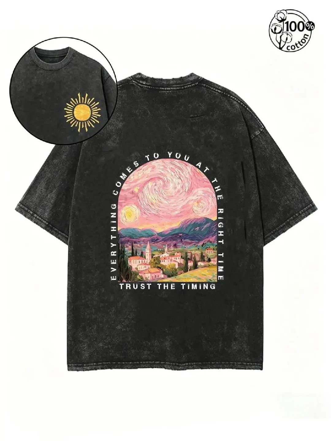 100% Cotton Wash T-shirtMen & Women Van Gogh Starry Night Art Print Acid Wash T-Shirt, "Everything Comes To You At The Right Time" Inspirational Quote, 100% Cotton Summer Oversized Casual Tee, Aesthetic Vintage Streetwear for Daily & Vacation Wear