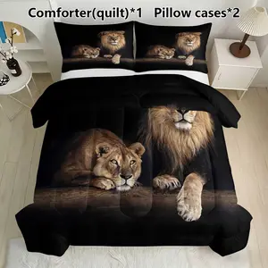 Lion Couple Safari Bedding Set, Includes 1 Comforter & 2 Pillowcases, Wild Animal Decor, Synthetic Fiber Material, No Ca Prop 65 Warning