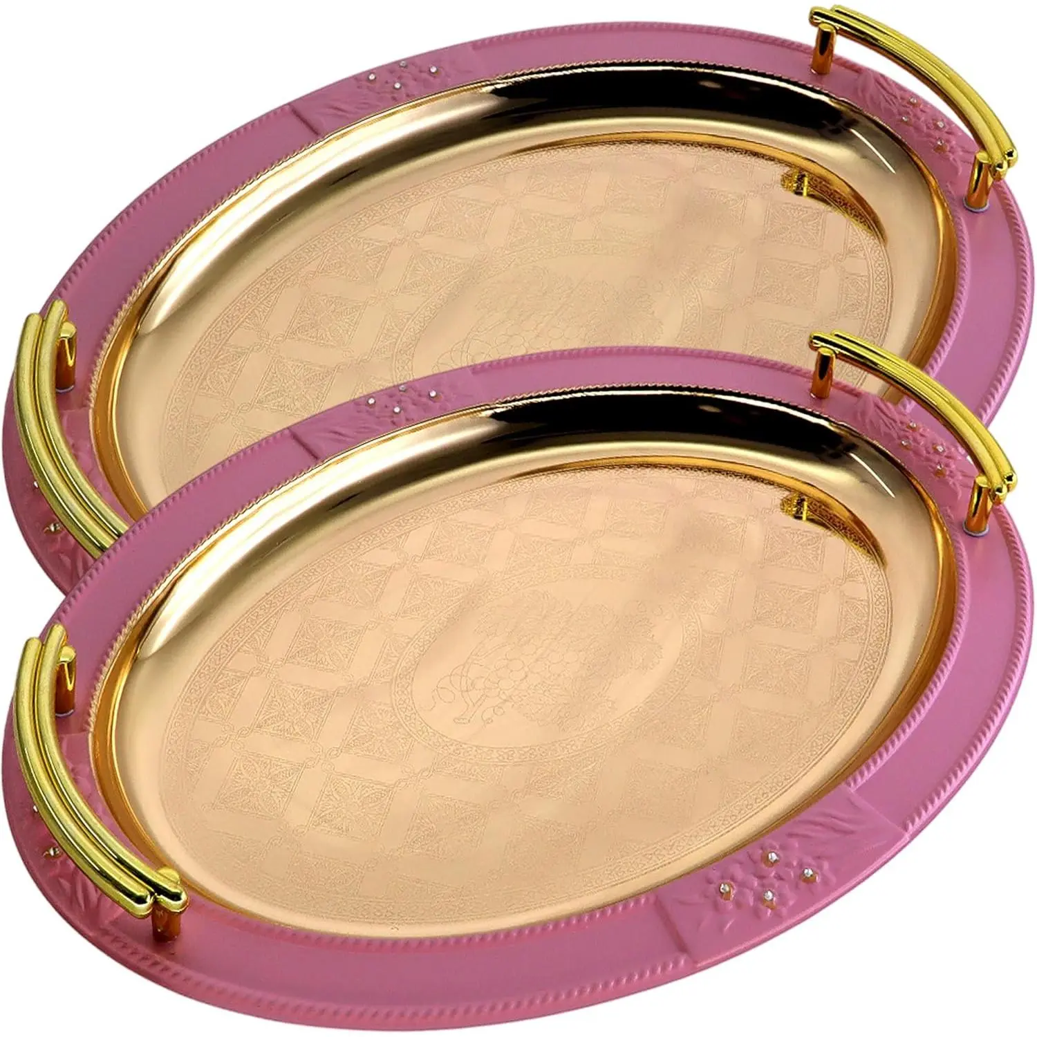 (Pack of 2) Double-Handled Oval Iron Serving Trays with Iron Base, 15.2in x 11.1in Gold-Plated Silver Finish, Floral Engraved Rim, Pink Accents, BPA-Free Decorative Accent Plates, Festive Party Dessert Buffet Platters, NC-051, Bpa Free Plates