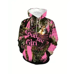 Women's Plus Size Camouflage Pink Deer Print Hoodie - Casual Polyester Blend Pullover with Slight Stretch, Knit Fabric Hooded Sweatshirt with Kangaroo Pocket horror character shirt Fit Sleeve dnd class shirt