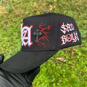 Sadboyz L,A Junior H SnapBack Hats  - Black with Red and White Embroidery and Cross Design