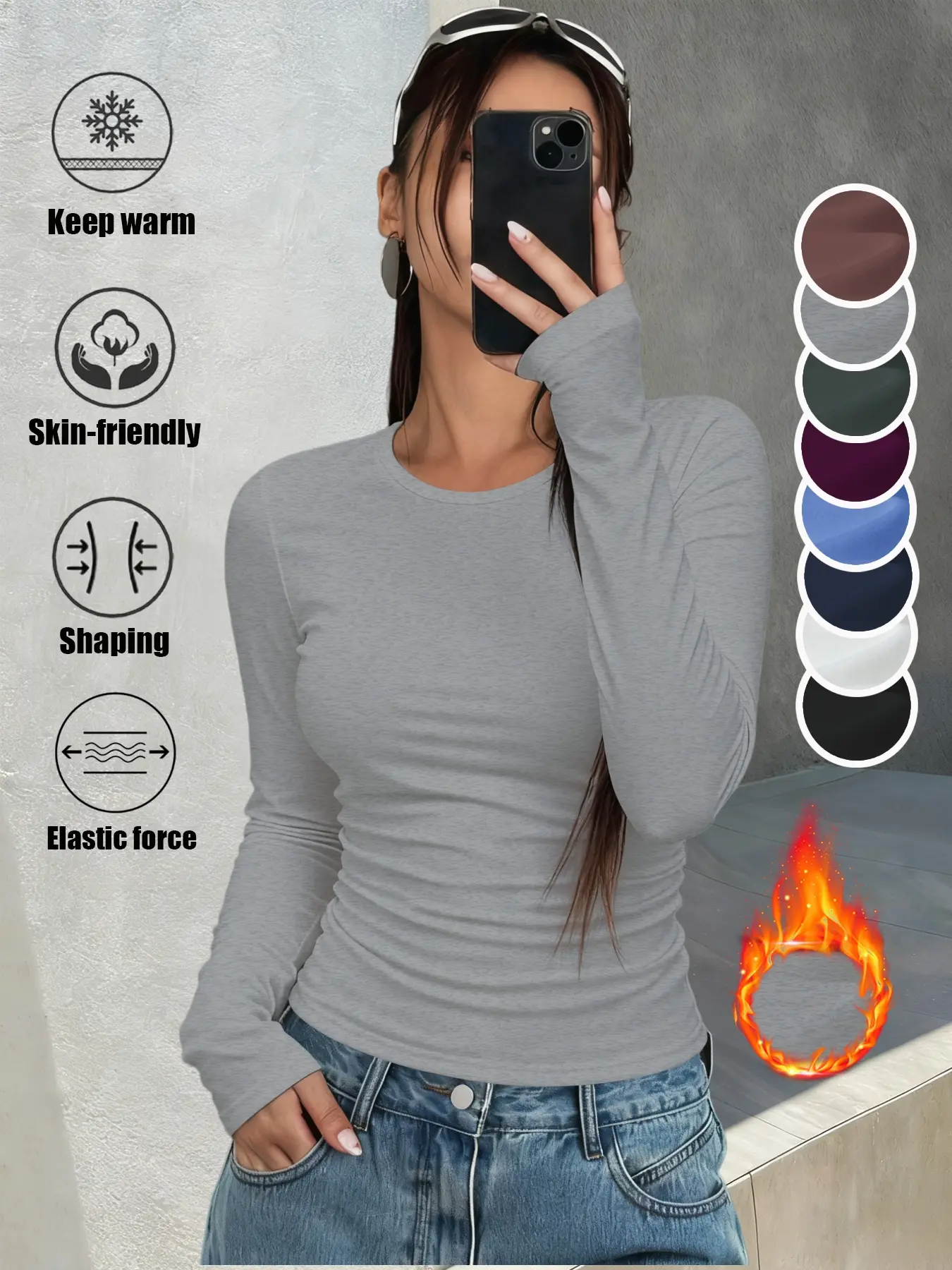 Women's Thermal Underwear Long Sleeve Round Neck Shirt, Classic Versatile Body Shaping Base Layer Top, Slim Fit Fall Clothing