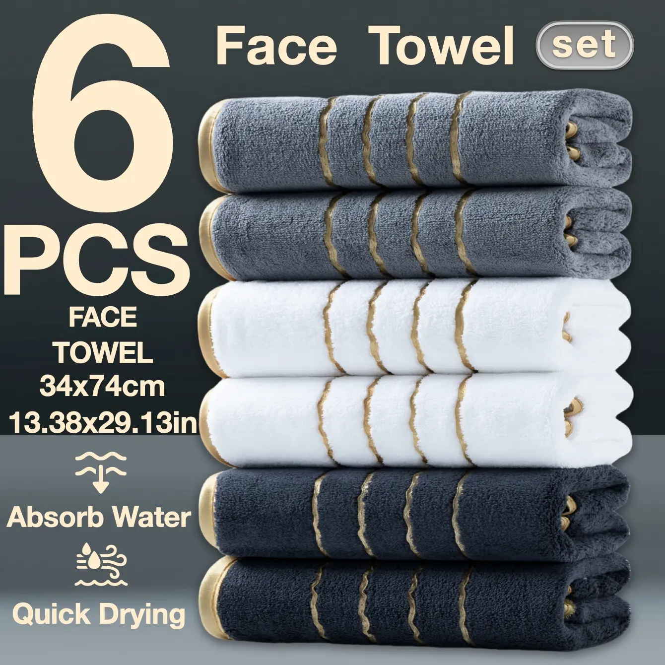 6-Piece Luxury Coral Fleece Face Towel Set, Reusable Polyester Towel, Soft Water Absorbent Towel, Striped Towels Design, Quick Drying Absorbent, Ideal for Home, School, Hotel, Spa