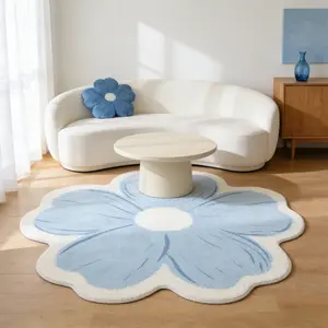 Blue Floral Irregular Carpet, Sweet Cute Modern Cream Style Living Room Sofa Coffee Table Mat, Girls' Room Decoration Rug, Washable Floral Rug, Modern Indoor Decorative Rug