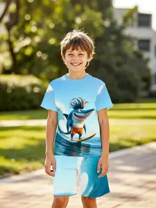 Boys' Casual Fitted Short Sleeve Tee Set, All-Over Shark Surf Pattern Design, Perfect Birthday & Festival Gift Choice