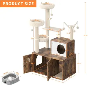 Cat Tree with Litter Box Enclosure, Wooden Tower w/Sisal Post, Hammock & Teaser Sticks