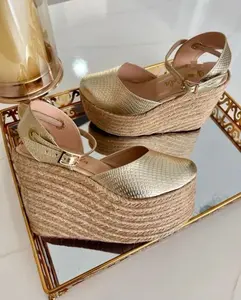 Women's Gold Espadrille Sandals, Stylish Synthetic Leather Wedge Heels with a 10cm Colombian Platform, Elegant High Heel Footwear