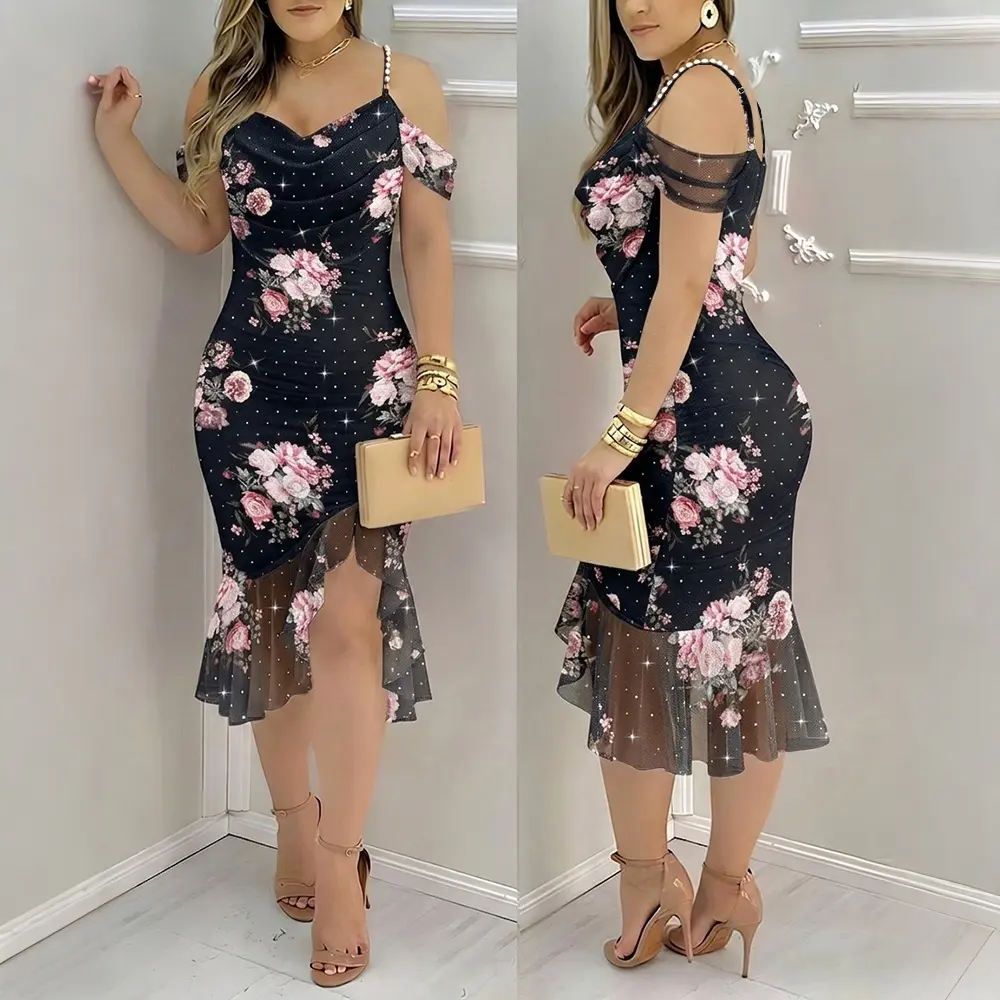 CHICME Women's Floral Mesh Slit Dress Rhinestone Pearls Decor Straps Cold Shoulder Ruffle Hem Dress Sexy Bodycon Party Dress