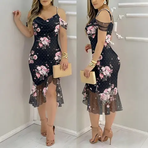 CHICME Women's Floral Mesh Slit Dress Rhinestone Pearls Decor Straps Cold Shoulder Ruffle Hem Dress Sexy Bodycon Party Dress